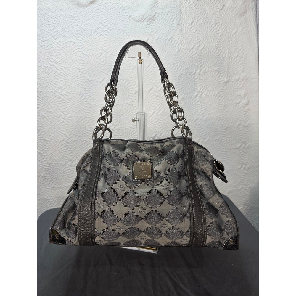 MCM Shoulder Bag Women Grey Good Logo Jacquard Leather Munich Lion Medallions